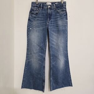 ZARA size 4 Mid Rise Flare Jeans Distressed Cut Off Hem Medium Wash Blue